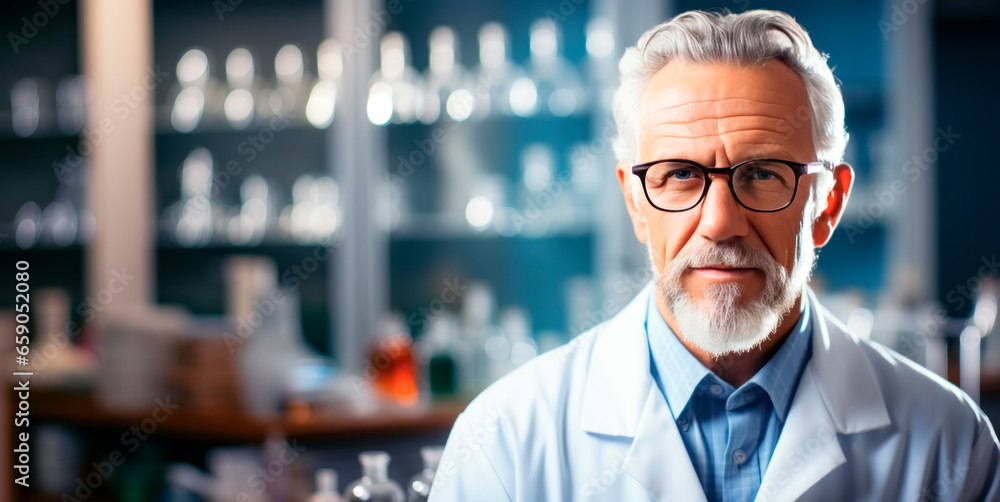 Poster portrait of senior male scientist working in laboratory. generative ai