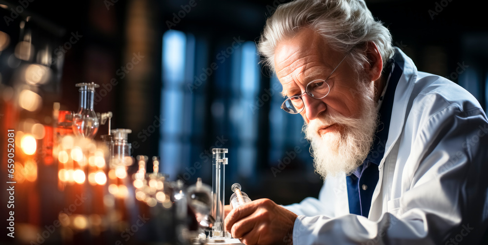 Poster senior male scientist working with test tubes in laboratory. science and chemistry. generative ai