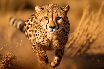 Naklejka premium a guepard running really fast towards the camera in the african grasslands