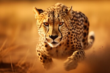 a guepard running really fast towards the camera in the african grasslands