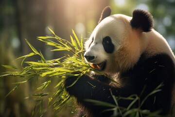 a panda eating bamboo in a bamboo forest