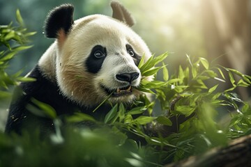 Fototapeta premium a panda eating bamboo in a bamboo forest