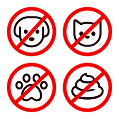 No pets allowed icon set. Cat and dog face icon in crossed red circle, animal paw print, dog poop.
