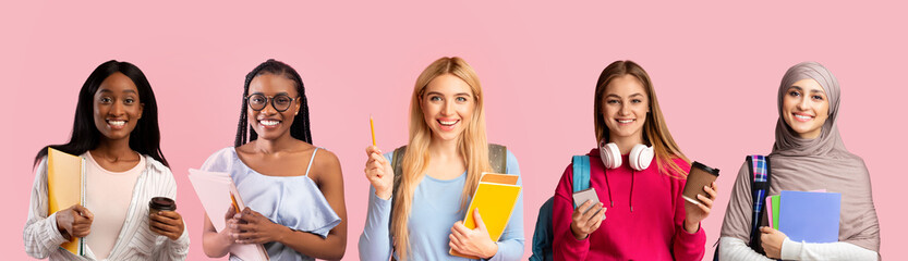Education. Group Of Smiling Multiethnic Female Students Posing Together On Pink Background