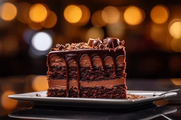 Foto op Plexiglas a portion od delicious tasty chocolate cake on a plate in a bakery © urdialex