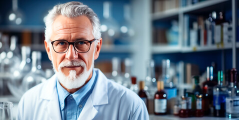 Fototapeta premium Portrait of a senior male scientist working in a chemical laboratory. Generative AI