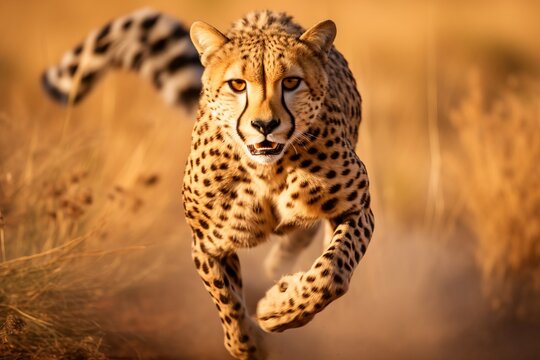 a guepard running really fast towards the camera in the african grasslands
