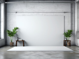 Modern loft interior with empty white wall and concrete floor. Generative AI