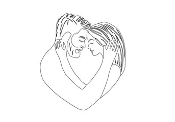 Portrait line art of сouple in love drawing style.Loving man and woman hug each other black linear sketch illoustration.
