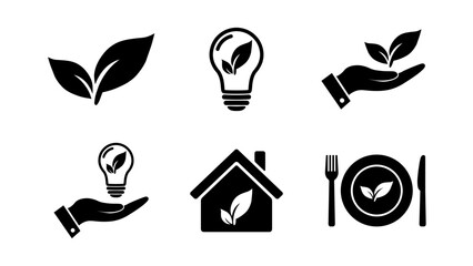 Vegan icon set with eco concepts. Vegan food, eco light bulb in hand symbols in flat style. Abstract eco house icon. Vector illustration for graphic design, Web, UI, mobile app
