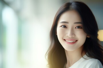 Fototapeta premium portrait close up shot of a young asiatic woman in clear background smiling to camera
