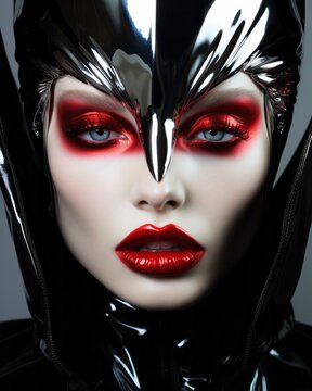 A mysterious woman in a gothic masque and striking halloween costume poses with dark lips, smoldering eyes, and a captivating vampire lipstick
