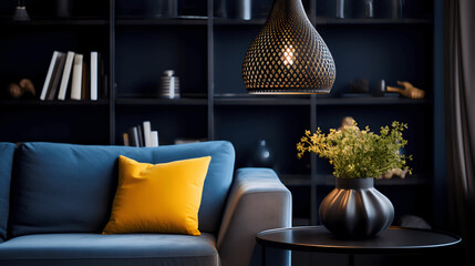 Metal Mesh Pendant Light, Dark Blue Velvet Sofa, and Stylish Accents in Living Space, generative Ai