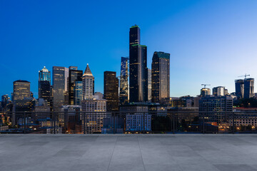 Skyscrapers Cityscape Downtown, Seattle Skyline Buildings. Beautiful Real Estate. night time. Empty rooftop View. Success concept.