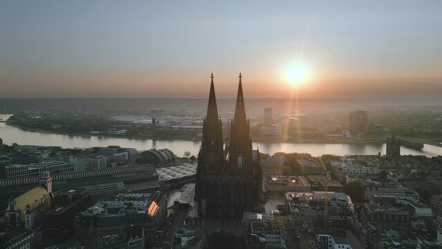Cologne city skyline aerial view germany colognecathedral, cologne dom drone footage view at sunrise fly over cologne church.
