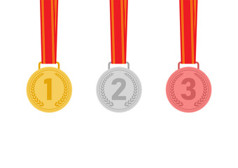 Medal. Gold, Silver and Bronze Medals with Red Ribbon. Sport Winner Medal. Champion and Winning Concept. Vector Illustration.