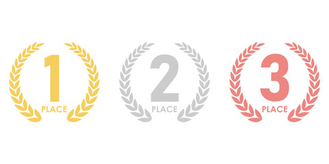 Set of Award First, Second and Third Places. Gold, Silver and Bronze Laurel Wreath for Trophy Cup. Champion and Winning Concept. Vector Illustration.