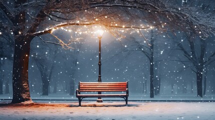 Snow falls on an empty Park Bench at Night in Winter. Christmas Backdrop - obrazy, fototapety, plakaty