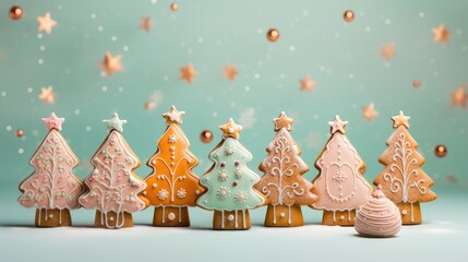 Ddelicious Christmas cookies in the shape of a Christmas tree on a pastel background, AI generated image