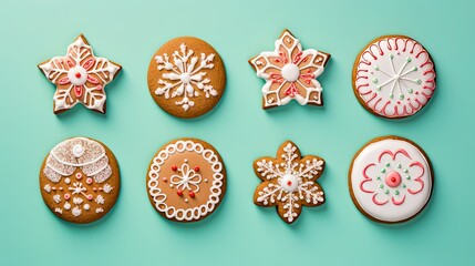 Original Christmas cookies on a blue pastel background, image generated with AI