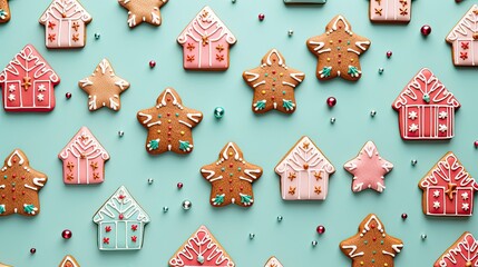 Delicious Christmas cookies on a pastel blue background, AI generated image