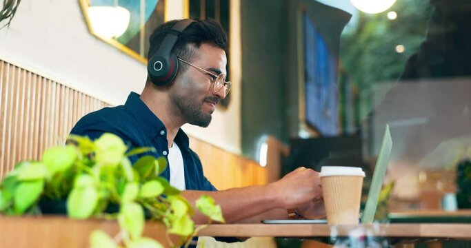 Laptop, coffee shop and happy man celebrate, excited and smile for online research feedback, restaurant review or victory. Customer, remote work and freelance person cheers for winner announcement