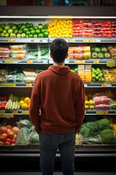 man shopping in the supermarket and looking slowly