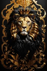 Gordijnen golden lion head with crown, lion king © ArtistiKa