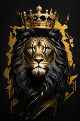 golden lion head with crown, lion king - obrazy, fototapety, plakaty