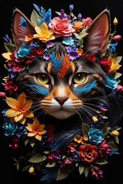 Naklejki Fantasy cat in colorful flower wreath vector illustration on black background. Isolation background. Vector illustration, t shirt print