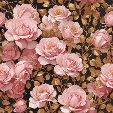 Pink Gold Roses Flowers Seamless Pattern Colorful Digital Background Floral Design - ai generated