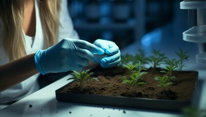 Biotechnology exploration A female laboratory assistant and biologist delve into soil research - obrazy, fototapety, plakaty