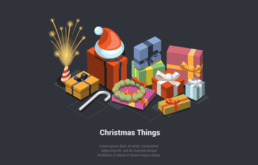 Concept Of Winter Holidays, Family Christmas Vacations. Fireworks, Wreath, Gifts With Red Ribbons And Bows, Candy Cane, Santa Hat. Collection of Christmas Things. Isometric 3D Vector Illustration