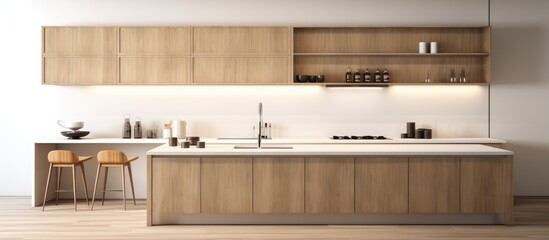 Obraz na płótnie Canvas a modern kitchen with a wooden island featuring white and brown colors