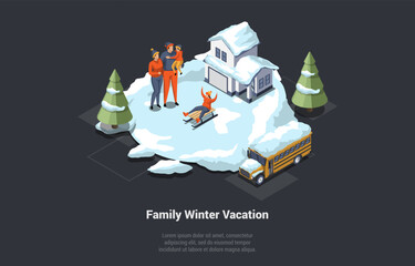 Christmas Vacations, Family Holidays In Winter. People Sledding And Spending Time Outdoors, Family Fun Activities On Backyard With Parents And Young Children. Isometric 3D Cartoon Vector Illustration