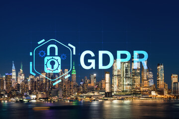 New York City skyline from New Jersey over the Hudson River with Hudson Yards at night. Manhattan, Midtown. GDPR hologram, concept of data protection, regulation and privacy for all individuals