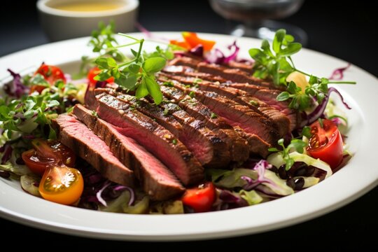 Close up of succulent flank steak amidst a vibrant medley of vegetable salad