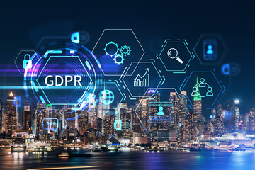 New York City skyline from New Jersey over the Hudson River with skyscrapers at night, Manhattan, Midtown, USA. GDPR hologram, concept of data protection, regulation and privacy for all individuals