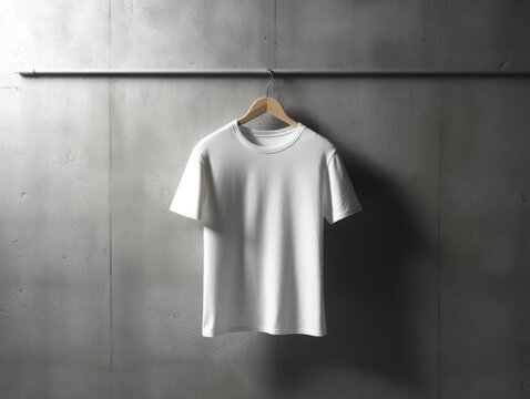 Blank white tshirt hanging on hanger on grey wall. Generative AI