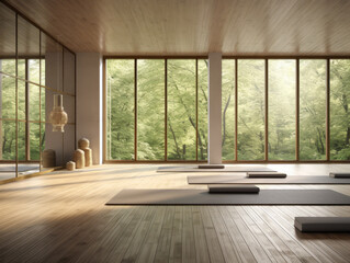 Fototapeta premium Interior of sunny modern yoga room with wooden floor and large windows. Generative AI