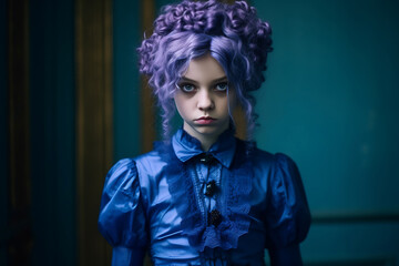 Fototapeta premium photo of a young girl in a magic creature cosplay, wearing dark Halloween make up, contact lenses and violet hair, looking scary. Generative AI.
