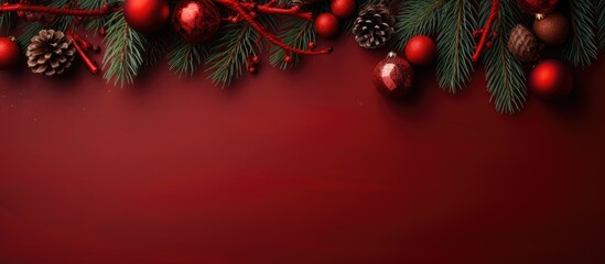 Christmas themed still life arrangement with red ornaments and fir tree branches on a red backdrop Overhead shot with blank area for text - obrazy, fototapety, plakaty