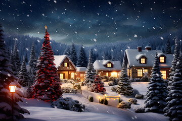 A beautiful outdoor Christmas scene illustration of a Christmas house with snow winter landscape in...