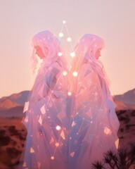 Two women in white capes, starry skies overhead and the light of the mountains surrounding them, stand together in an outdoor setting, ready to embrace the wild adventure that awaits