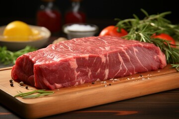 Fresh, uncooked beef with a wooden table background for a natural touch