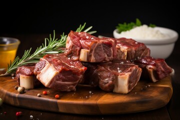 Freshly sliced oxtail with spices and rosemary, presented on a wooden board