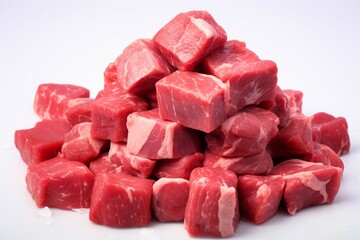 Isolated on white, raw premium diced beef, ideal for making hearty soup