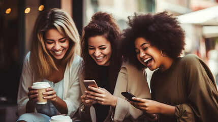 stockphoto, copy space, Group of young women having fun sharing media with an cellphone. Three girls looking to the smartphone on a coffee shop, restaurant or bar. Young people enjoying while using in