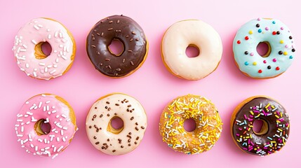 Tasty donuts of different colors on a pastel pink background, AI generated image
