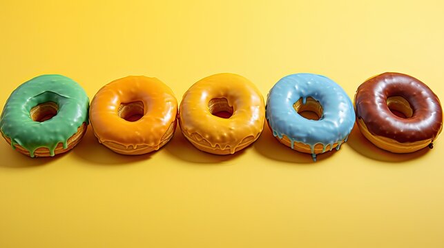 Five tasty donuts of different colors on a yellow background, AI generated image